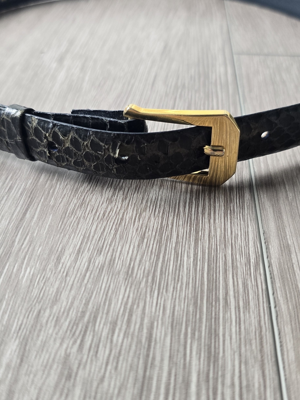 Vintage Collectif Black Reptile Embossed Leather Slim Belt Medium Gold Hardware